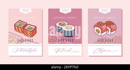 Traditional Asian Cuisine Vector Emblems Collection. Japanese Food Abstract Signs, Symbols or Logo Templates Set. Hand Drawn Sushi Rolls or Maki Sushi Stock Vector