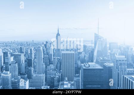 New York City Manhattan midtown aerial panorama view with skyscrapers, sepia sunset toning Stock Photo