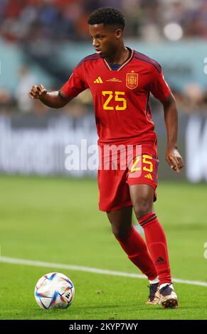 Doha, Qatar, 1st December 2022.  Ansu Fati of Spain during the FIFA World Cup 2022 match at Khalifa International Stadium, Doha. Picture credit should read: David Klein / Sportimage Stock Photo