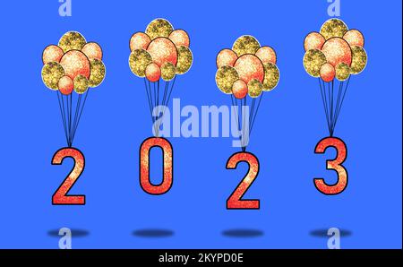 red 2023 flying with glitter balloons, creative holiday concept Stock Photo