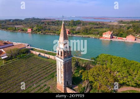 Aerial view on Island Mazzorbo in Venice, Italy.  Forte di Mazzorbo, old bell tower, vineyard and Mazzorbo park. Stock Photo