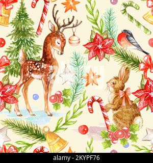 Watercolor Christmas seamless pattern with deer, rabbit, sugar cane, and fir branches. Hand painted holiday elements isolated on yellow background. Il Stock Photo