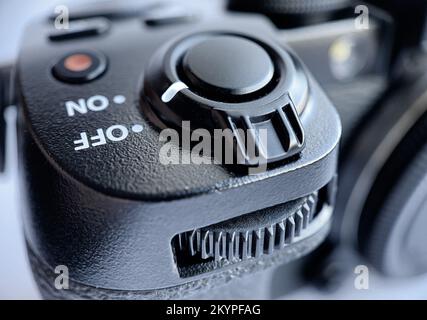 Close-up of the cameras shutter lever, iso sensitivity selection buttons, quick menu and video recording mode Stock Photo