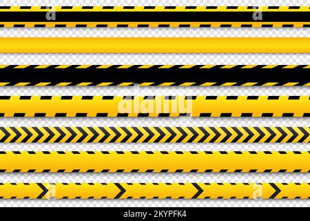 Warning yellow and black seamless tapes on transparent background. Safety fencing ribbon. Vector illustration Stock Vector