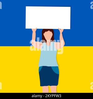 Woman with poster on a background in blue and yellow color, the colors of the national flag of Ukraine Stock Vector