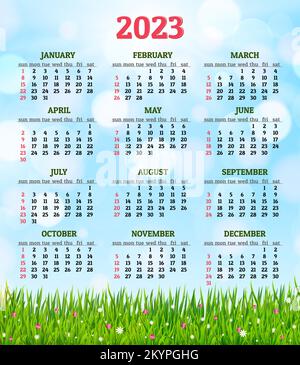 Calendar for 2023 with fresh green grass and flowers background vector Stock Vector