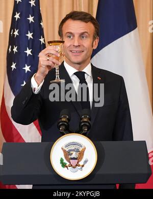 Washington, United States. 01st Dec, 2022. French President Emmanuel Macron of France offers a toast at a luncheon in his honor at the State Department in Washington, DC on Thursday, December 1, 2022. Photo by Leigh Vogel/UPI Credit: UPI/Alamy Live News
