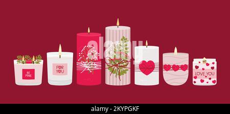 Set of romantic scented soy, paraffin wax candles with hearts, winter greenery, berries in glass and container. Valentine s day aroma candles collecti Stock Vector