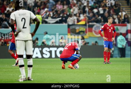 Al Khor, Qatar. 1st Dec, 2022. Players look depressed after the Group E match between Costa Rica and Germany at the 2022 FIFA World Cup at Al Bayt Stadium in Al Khor, Qatar, Dec. 1, 2022. Credit: Lan Hongguang/Xinhua/Alamy Live News Stock Photo