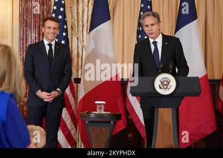 Washington, United States. 01st Dec, 2022. Secretary of State Antony Blinken delivers remarks as French President Emmanuel Macron listens at a luncheon honoring the French president at the State Department in Washington, DC on Thursday, December 1, 2022. Photo by Leigh Vogel/UPI Credit: UPI/Alamy Live News Stock Photo
