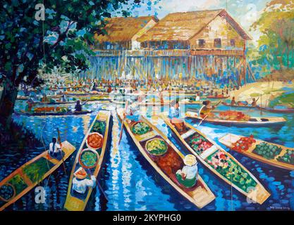 Painting on sale at central market Yangon Myanmar Stock Photo