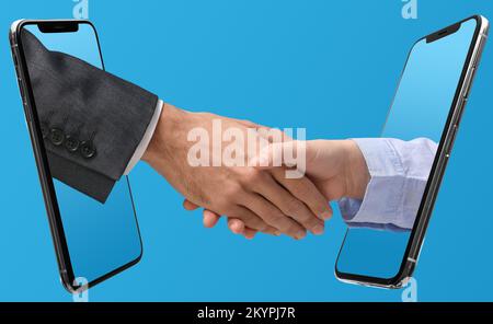 Collage with modern smartphones and business people shaking hands on blue background Stock Photo