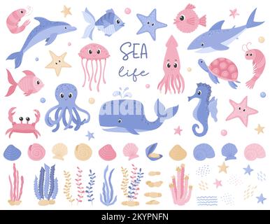 A set of cute cartoon fish. Whale, octopus, squid, turtle, shrimp. Collection of funny sea animals, algae, plants, rocks. Flat vector illustrations is Stock Vector