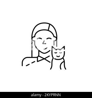 Cute young girl and her kitten. Happy pet owner icon. Pixel perfect, editable stroke design Stock Vector