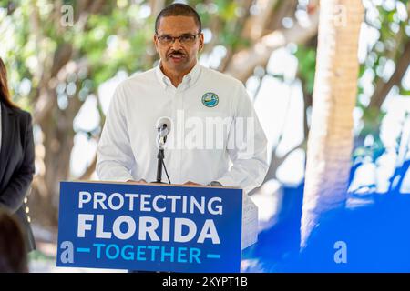 Orlando, USA. 01st Dec, 2022. Shawn Hamilton, secretary of the Florida Department of Environmental Protection, speaks during a news conference Florida Governor Ron DeSantis in Miami, Florida on December 1, 2022. Governor DeSantis announced awards totaling $22.7 million to support water quality improvements and protection of Biscayne Bay. (Photo by Ronen Tivony/Sipa USA) *** Please Use Credit from Credit Field *** Credit: Sipa USA/Alamy Live News Stock Photo