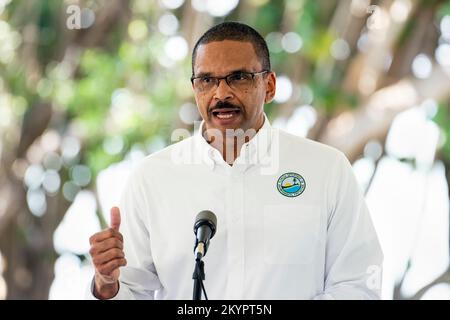 Orlando, USA. 01st Dec, 2022. Shawn Hamilton, secretary of the Florida Department of Environmental Protection, speaks during a news conference Florida Governor Ron DeSantis in Miami, Florida on December 1, 2022. Governor DeSantis announced awards totaling $22.7 million to support water quality improvements and protection of Biscayne Bay. (Photo by Ronen Tivony/Sipa USA) *** Please Use Credit from Credit Field *** Credit: Sipa USA/Alamy Live News Stock Photo