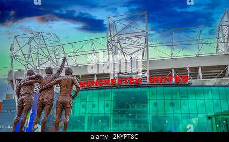 Shots of Old Trafford football ground home to Manchester United football club. MUFC. Shots show the red lettering of the club Stock Photo