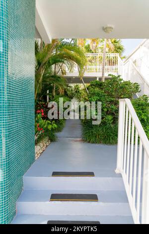 Stairs near the blue mosaic wall on the left and white handrails on the right at Miami, Florida. Stairs heading to a pathway in between the plants und Stock Photo