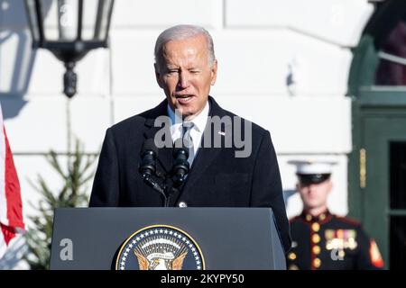 Washington, United States. 01st Dec, 2022. President Joe Biden at a lectern speaking at the Arrival Ceremony on the South Lawn of the White House for the President of France. Credit: SOPA Images Limited/Alamy Live News Stock Photo