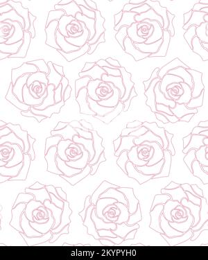 Pink roses seamless pattern. Pink outline on a white background. Hand-drawn monochrome vector illustration. Stock Vector