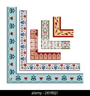 Set of decorative seamless Mughal motif ornamental border with corner. Stock Vector