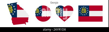 Georgia flag icon set. American state pennant in official colors and proportions. Rectangular, map-shaped, circle and heart-shaped. Flat vector illust Stock Vector