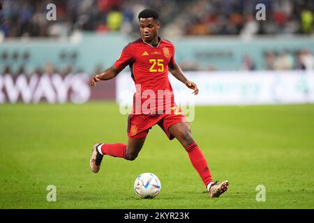 Ansu Fati of Spain during the FIFA World Cup Qatar 2022 match, Group E, between Japan and Spain played at Khalifa International  Stadium on Dec 1, 2022 in Doha, Qatar. (Photo by Bagu Blanco / PRESSIN) Stock Photo