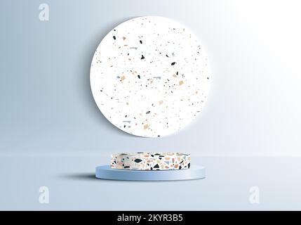 3D realistic modern minimal blue and white cylinder podium with circle backdrop terrazzo surface on blue scene background. Product display for cosmeti Stock Vector
