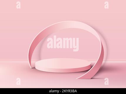 3D realistic modern minimal pink cylinder podium platform with pink circle whirl on pink scene background. Product display for cosmetic, showroom, sho Stock Vector