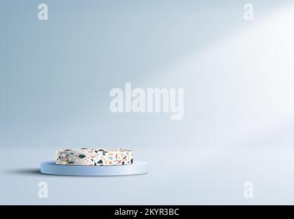 3D realistic modern minimal blue and white cylinder podium terrazzo surface on blue scene background. Product display for cosmetic, showroom, showcase Stock Vector