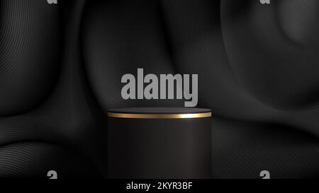 3D realistic elegant black and gold cylinder podium on dark fabric wrinkles scene background luxury style. Product display for cosmetic, showroom, sho Stock Vector