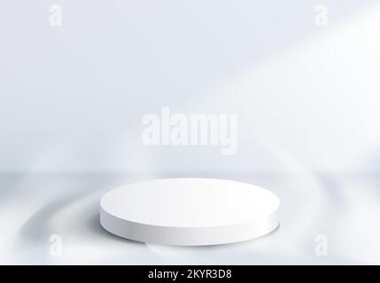 3D realistic modern minimal white cylinder podium platform with smoky elements on clean wall scene background. Product display for cosmetic, showroom, Stock Vector