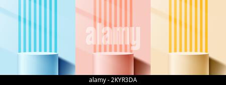 Set of blue, yellow and orange pastels color 3D cylinder podium pedestal decoration lines panel pattern with lighting of window on minimal wall scene Stock Vector