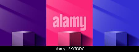 Set of purple, pink and blue color 3D cube podium pedestal with lighting of window on minimal wall scene background. Product display for cosmetic, sho Stock Vector