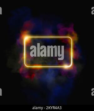 3d illustration, Golden frame glowing colorful and smoke, copy space banner for decorative advertising text on black background Stock Photo