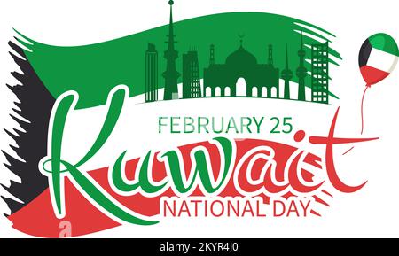 National Kuwait Day on February 25th with Waving Flag and Independence Celebration in Flat Cartoon Hand Drawn Templates Illustration Stock Vector