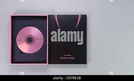 BlackPink BORN PINK 2nd Album Box set on grey background. Pink music CD. South Korean girl group BlackPink. Space for text. Gatineau, QC Canada - Nove Stock Photo