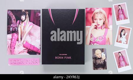 BlackPink BORN PINK 2nd Album Box set with posters cards selfie on grey. Pink CD version. South Korean girl group BlackPink. BlackPink music k-pop. Ga Stock Photo