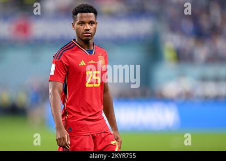 Ar Rayyan, Qatar. 01st Dec, 2022. Ansu FATI of Spain during the FIFA World Cup Qatar 2022 Group E match between Japan and Spain at Khalifa International Stadium in Ar Rayyan, Qatar on December 1, 2022 (Photo by Andrew Surma/ Credit: Sipa USA/Alamy Live News Stock Photo