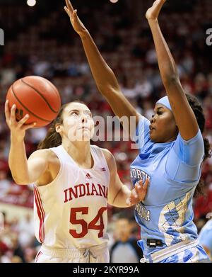 Bloomington, United States. 01st Dec, 2022. Indiana Hoosiers forward Mackenzie Holmes (54) plays against North Carolina Tar Heels forward Anya Poole (31) during an NCAA women's basketball game at Simon Skjodt Assembly Hall in Bloomington. IU beat North Carolina 87-63. Credit: SOPA Images Limited/Alamy Live News Stock Photo