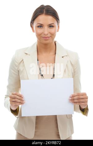 Businesswoman holding a big placard Stock Photo - Alamy