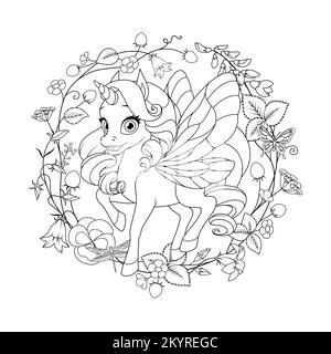 Cute flying unicorn with wings and summer flower wreath. Vector black and white illustration for coloring page. Stock Vector