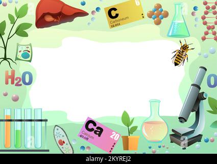 Chemistry objects with space for text. Science items picture. Study of living cells of plants, animals and humans. Isolated on white background Stock Vector