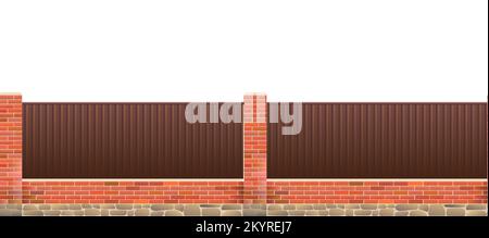 Iron fence with plastered brick pillars and stone foundation. Horizontal seamless design. Isolated on white background Vector. Stock Vector