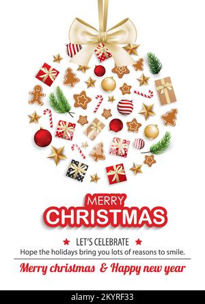 Merry christmas object in glass ball shape for flyer and brochure design background template. Happy holiday greeting banner and card template. Stock Vector