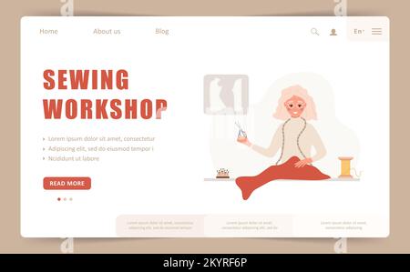 Sewing workshop landing page or web banner template. Elderly woman seamstress with scissors cuts red fabric. Fashion designer or tailor. Vector Stock Vector