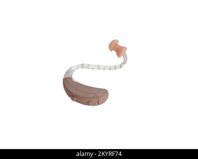 Hearing device on the white background. Hearing aid, selective focus. Medical equipment for ear care, isolated Stock Photo