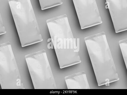 White coffee pouch mockup, diagonal packaging presentation, top view, isolated on background. Set bag. Doy pack template with degassing valve, for cof Stock Photo