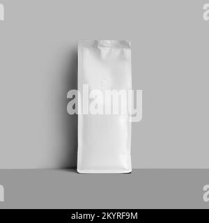 Mockup of white packaging for coffee beans, empty stable coffee pouch isolated on wall background. Template premium doypack with degassing valve, bag Stock Photo