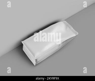 White coffee pouch gusset template, parallel to the wall, doypack with degassing valve, pack isolated on background. Mockup bag for loose tea, beans, Stock Photo